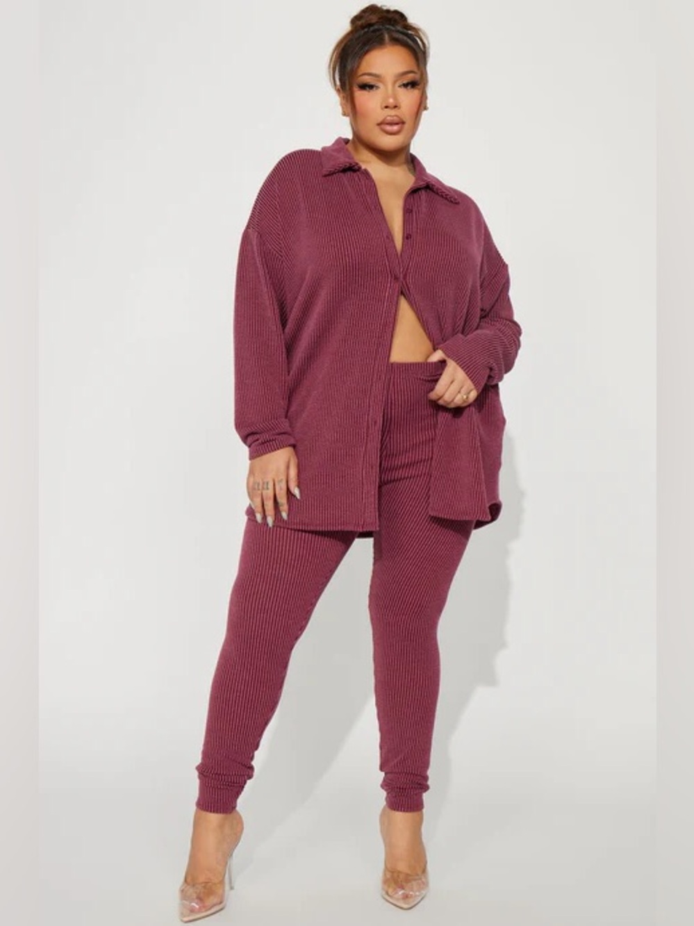 Fashion Nova Burgundy Ribbed Two-Piece Ribbed Leggings Set